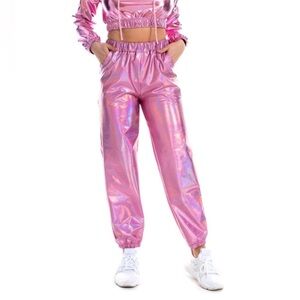 Holographic High Waist Metallic Stretchy Jogger Pants